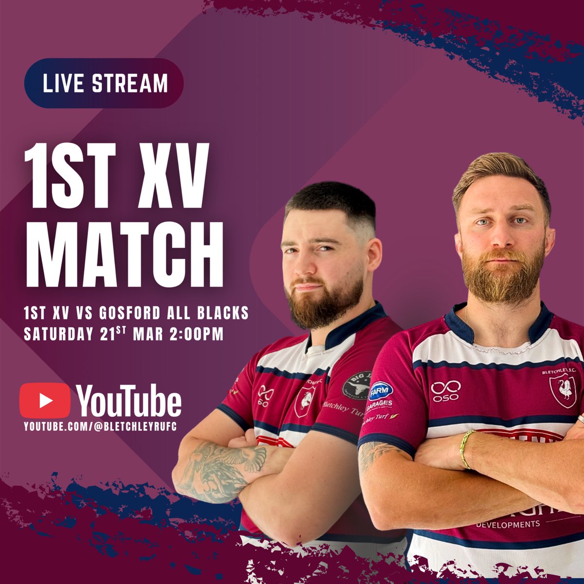 BletchleyRUFC's tweet image. 𝗟𝗜𝗩𝗘 𝗢𝗡 𝗬𝗢𝗨𝗧𝗨𝗕𝗘 𝗧𝗢𝗗𝗔𝗬 🔥📺

The 1st XV are back on the road today, at Gosford All Blacks for league action 🏉💪

Watch live 👇
👉 YouTube.com/@BletchleyRUFC

🕑 KO: 2:00pm
📍 OX5 1UP

#WeAreBletchley #BRUFC #LiveOnYouTube #AwayDay #LeagueRugby #MaroonAndWhite