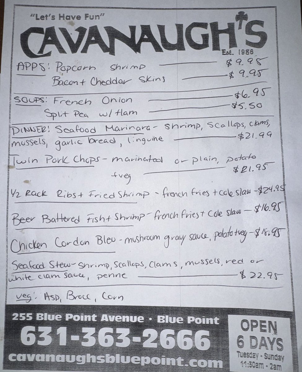 CavanaughsPub's tweet image. Friday Night Dinner Specials. Kitchen Serving Till 9:30pm. #Cavs #Bayport #cavanaughs #BluePoint #Steaks #Kona #Wings