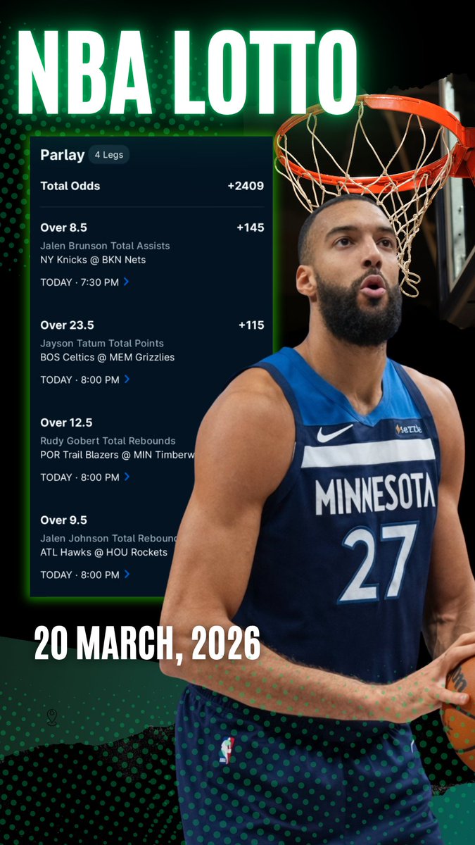 X30BETS's tweet photo. 🏀💣 +2408 NBA LOTTO PARLAY 💣🏀

Dimes. Boards. Buckets.  👀

🔥 Gobert 13+ REB

🔥 Brunson 9+ AST

🔥 Tatum 24+ PTS

🔥 Johnson 10+ REB

❤️ if riding!

💲1 or FREE CODE (30BETS) 🏀 NBA Top 8 Player Props March 20th https://t.co/Up6KgLWIJg https://t.co/Yqbdvn5b8m