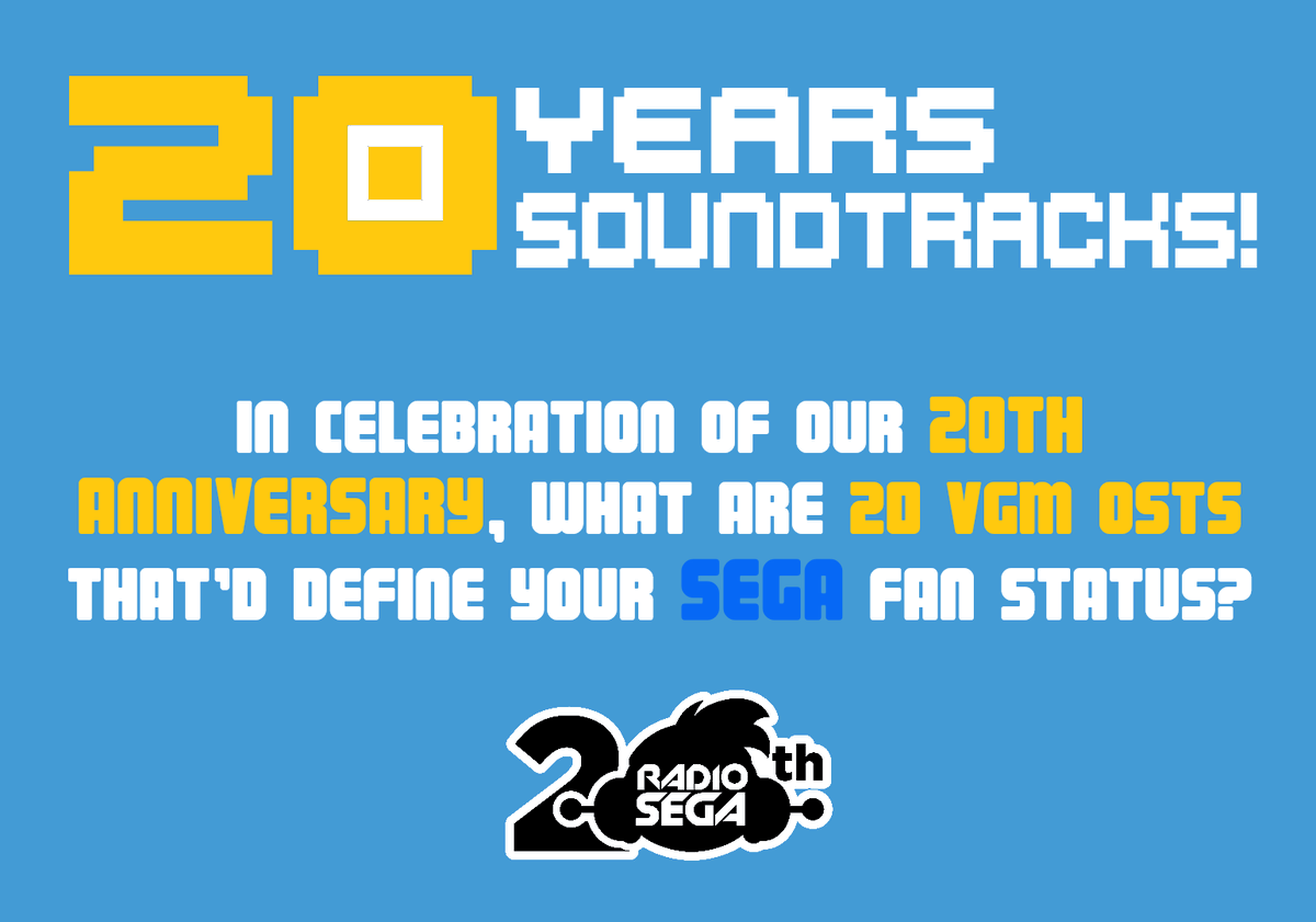 RadioSEGA's tweet image. 20 Years, 20 Soundtracks!

In celebration of our 20th anniversary, what are 20 #VGM OSTs that'd define your #SEGA fan status?

#RadioSEGA20
