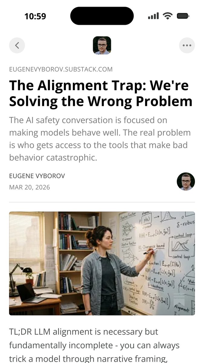 Perfect AI alignment is mathematically impossible.

Not "hard to achieve" - provably undecidable. Same class as the Halting Problem.

Misalignment is a certainty to manage, not a problem to fix.

open.substack.com/pub/eugenevybo…
