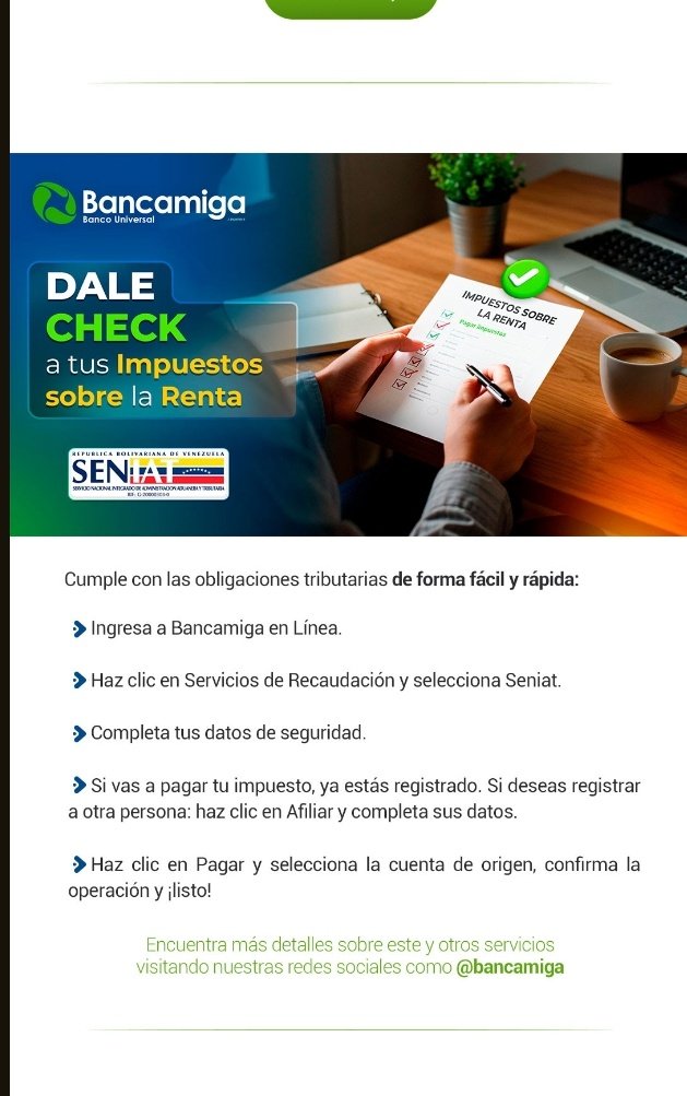 Pagar tus impuestos del SENIAT nunca había sido tan facil con BANCAMIGA, ingresa y mantente al día.
Si tienes problemas para recuperar y actualizar tu RIF escribeme al privado 👌