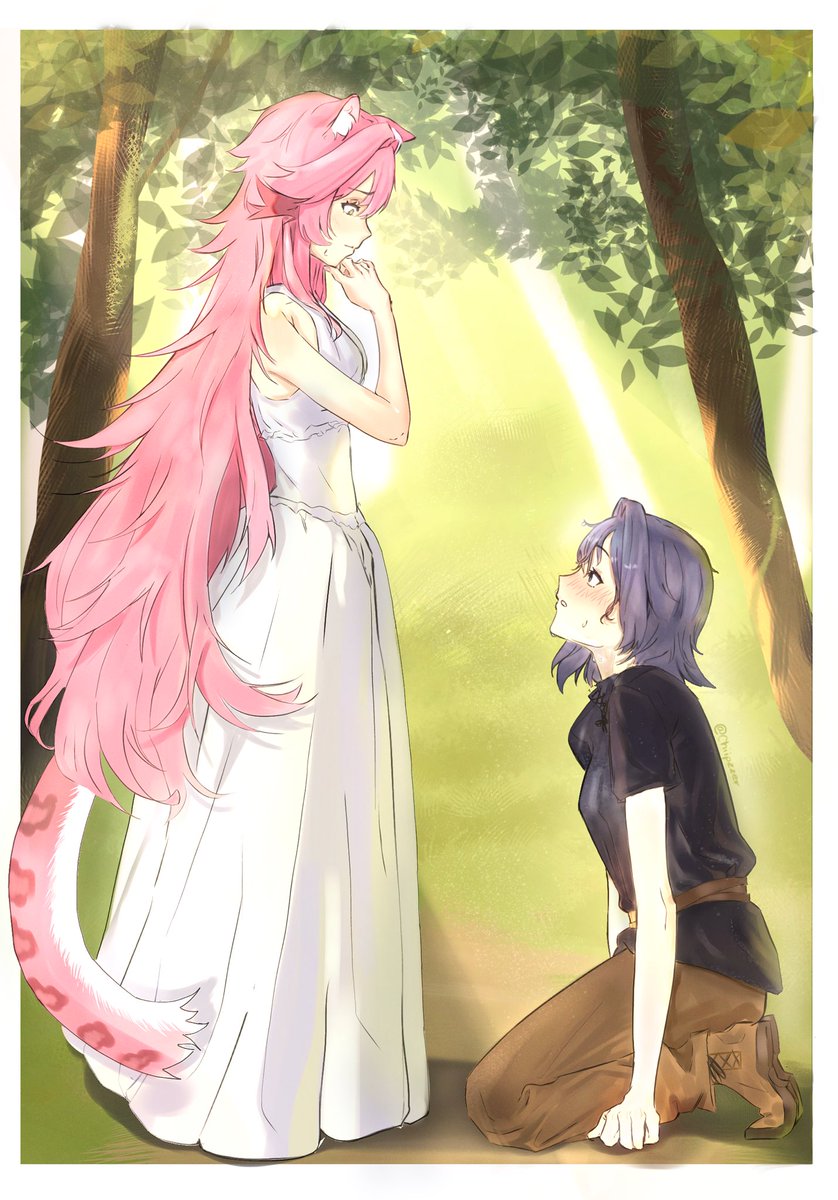 And like today hasn't been weird enough, there stands the most beautiful woman she has ever seen. Pink, long hair flows down her back, spreading over her white flowy dress. Her honey eyes were full of concern, and her tail swished behind her restlessy.

"Are you okay?"