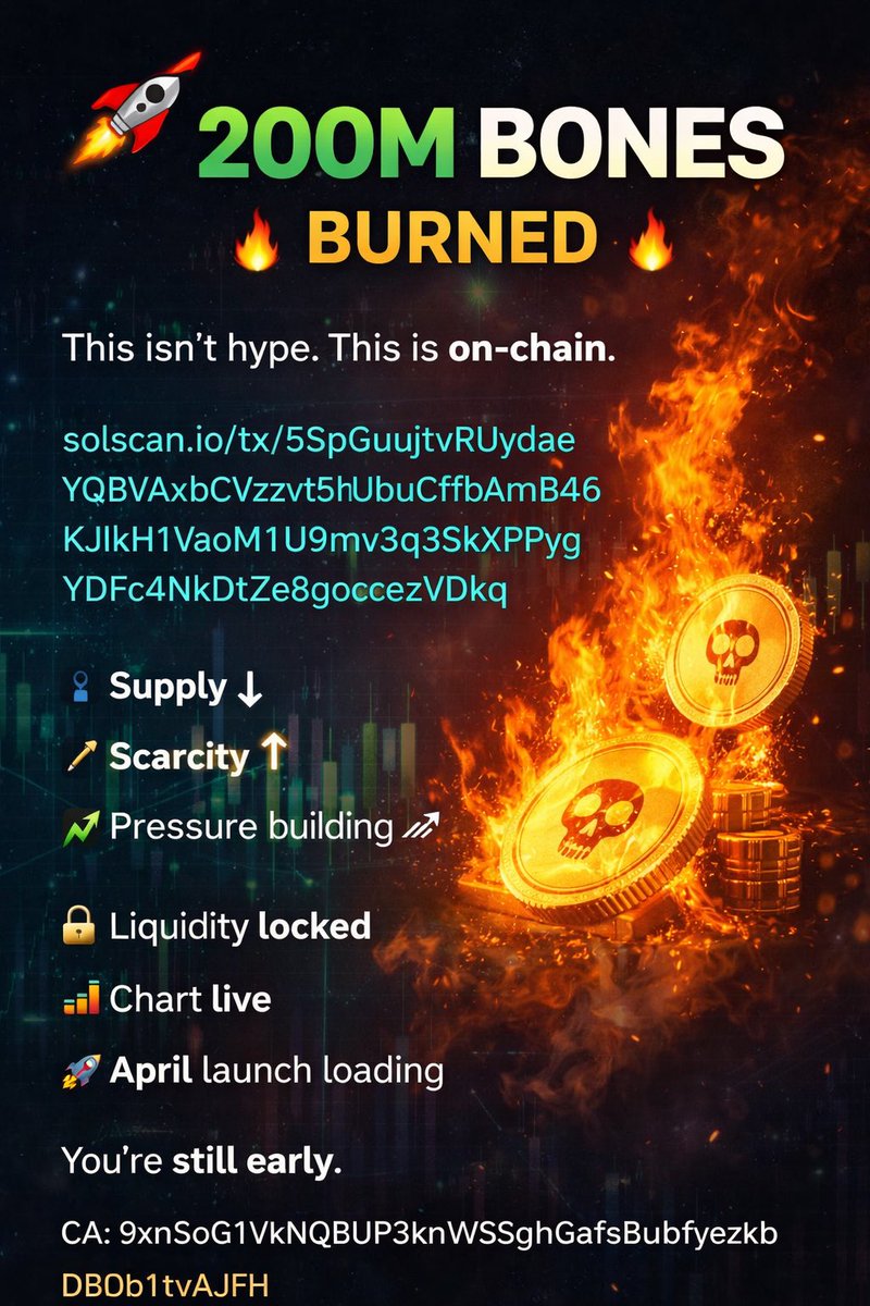 BonesandHammers's tweet photo. 🔥 200M BONES BURNED 🔥

This isn’t hype. This is on-chain.

https://t.co/OaOJKzDOmZ

Supply ↓  
Scarcity ↑  
Pressure building 📈

🔒 Liquidity locked  
📊 Chart live  
🚀 April launch loading  

You’re still early.

CA:
9xnSoG1VkNQBUP3knWSghGafsBubfyezkbDqb1tvAJfH

#Solana #Memecoin #Crypto #100x