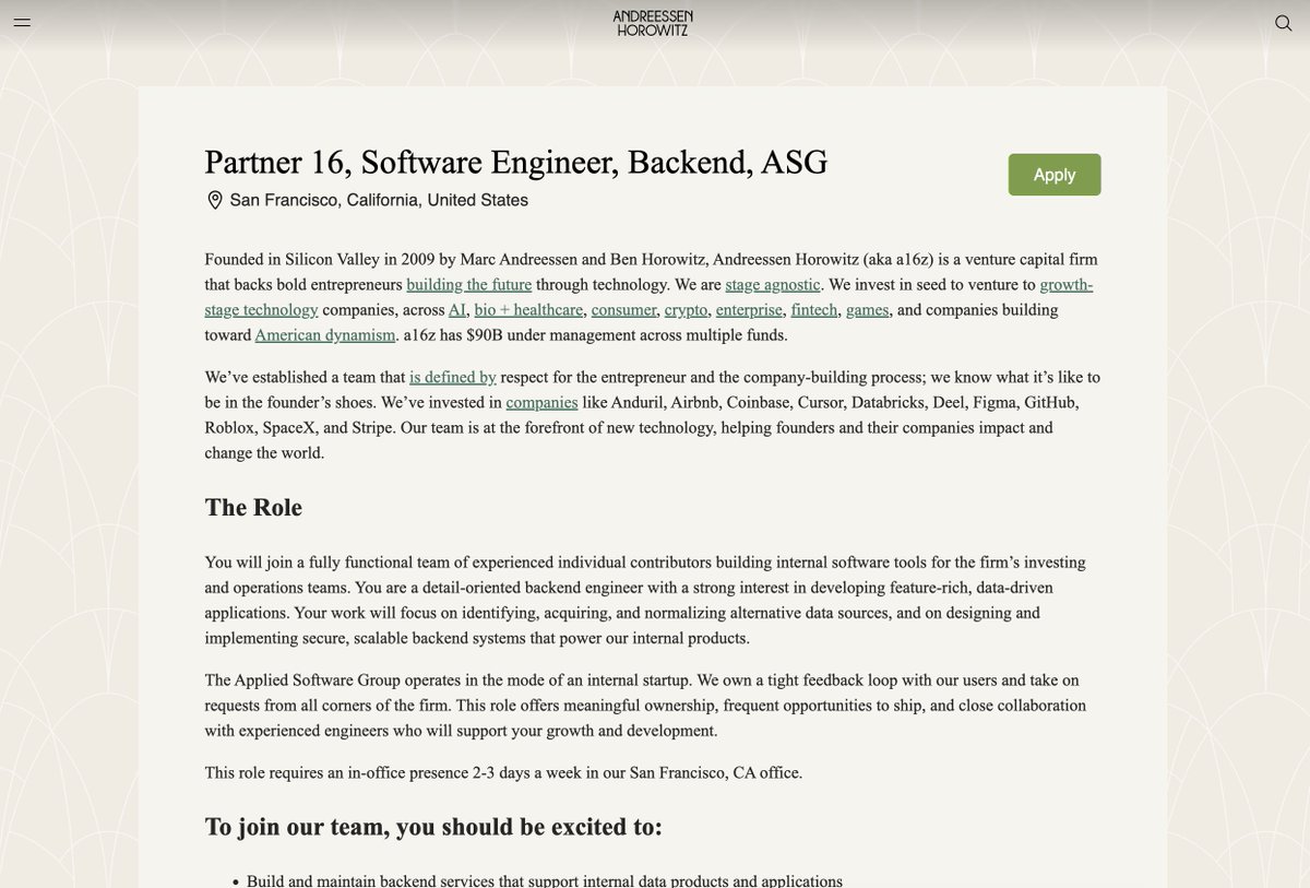 katiekirsch's tweet photo. Our @a16z team is hiring a backend SWE in SF!

You'll build mission-critical tools that our investing & operating teams use every day - to grow our network, support our founders, and more.

You'll have meaningful ownership, ship fast, and collaborate with designers, engineers, & investors to bring new products & features to life.

You'll also get to work with @NatBarling (the goat).

Apply here: https://t.co/E6qdFSAFbw