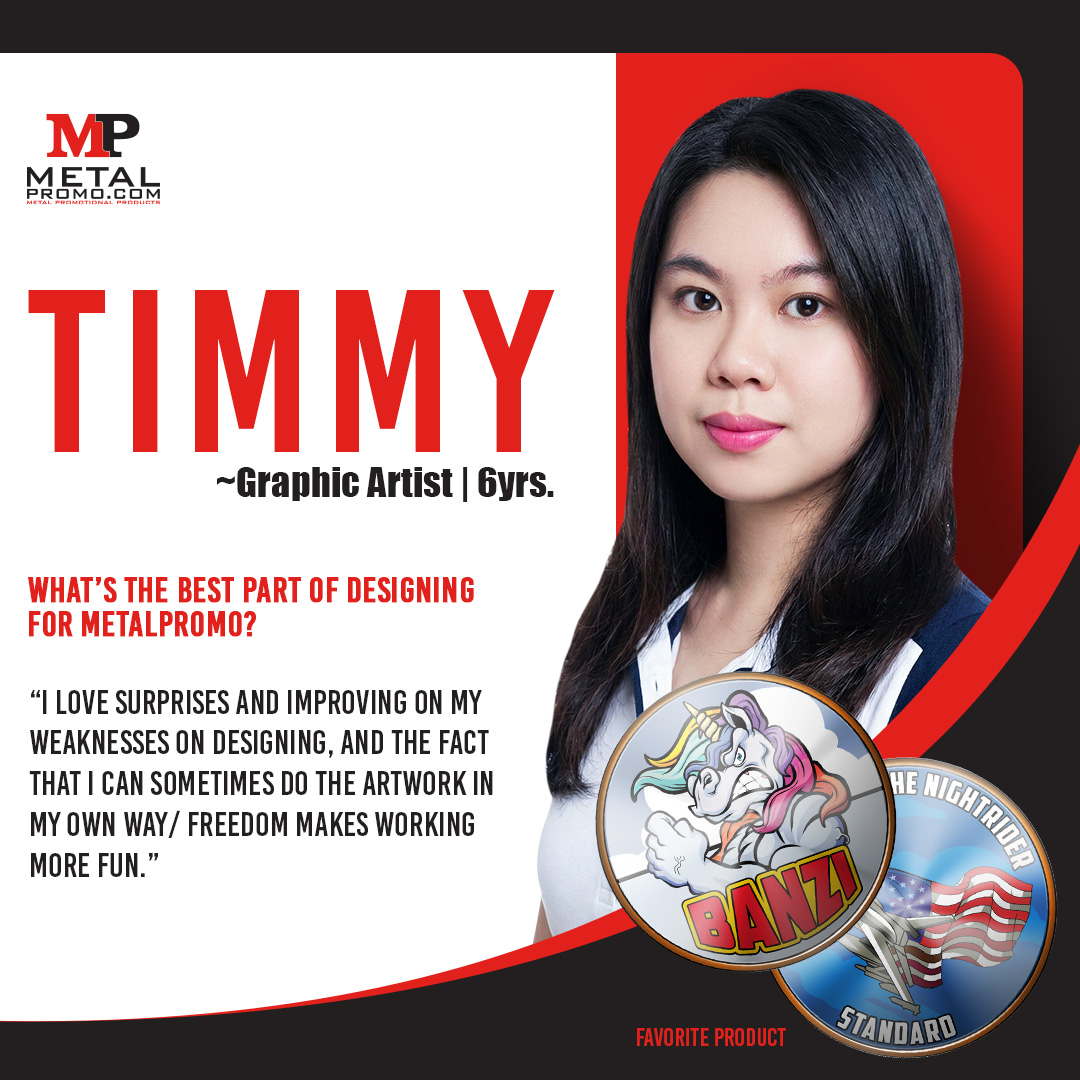MetalPromo's tweet photo. Celebrating 6 Years: Meet Timmy! 🥳

Five years of talent, creativity, and heart. Meet Timmy, one of our amazing Graphic Artists who has been part of the CustomChallengeCoins family for half a decade!

Timmy is a designer who loves surprises and thrives on constantly improving her craft. Her favorite part of the job? The creative freedom to explore different styles and approaches, especially when collaborating directly with our customers to bring their visions to life.

"Customers often have a clear vision," Timmy shares. "Working with them to bring that to life, or even go beyond it, is what makes this role exciting. Asking the right questions, offering suggestions, and guiding them through the process helps make the design truly theirs."

If Timmy weren’t creating stunning artwork for custom challenge coins here in the US, she might have found herself in a lab coat pursuing a career as a pharmacist or med tech. When she’s off the clock, that creativity continues through her love for crocheting and gaming.

We are proud to have her on the team. Here’s to Timmy and the passion she brings to every project!

#MetalPromo #GraphicArtist #EmployeeFeature #TeamSpotlight