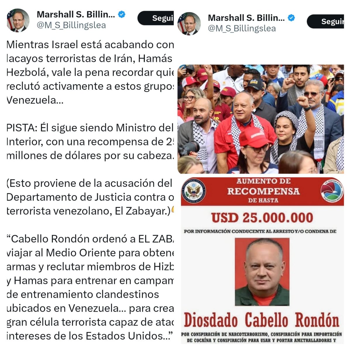 maibortpetit's tweet photo. El estadounidense Marshall S. Billingslea acusa a Diosdado Cabello de haber ordenado el reclutamiento de miembros de Hezbollah y Hamas en Venezuela, incluyendo el envío de un intermediario al Medio Oriente para obtener armas y entrenarlos en campamentos clandestinos, con base en acusaciones del Departamento de Justicia de EE. UU.