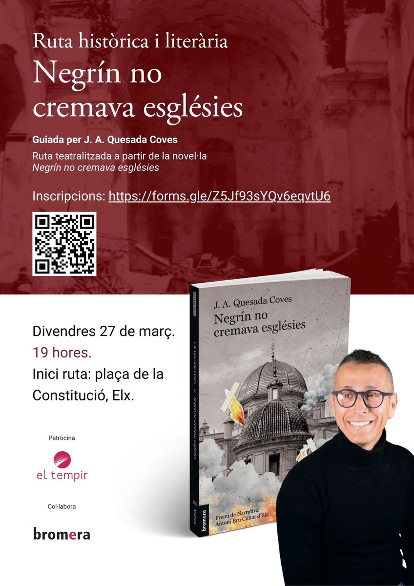 JAQuesadaCoves's tweet photo. Ruta històrica i literària "Negrín no cremava esglésies": el divendres 27 marc (19 h). Inspirada en la novel·la i en els fets ocorreguts el 20 febrer 1936.
Activitat gratuïta patrocinada per @ElTempirdElx amb places limitades i inscripció prèvia en:

https://t.co/l4GylB05dt https://t.co/ohPv8sSGXg
