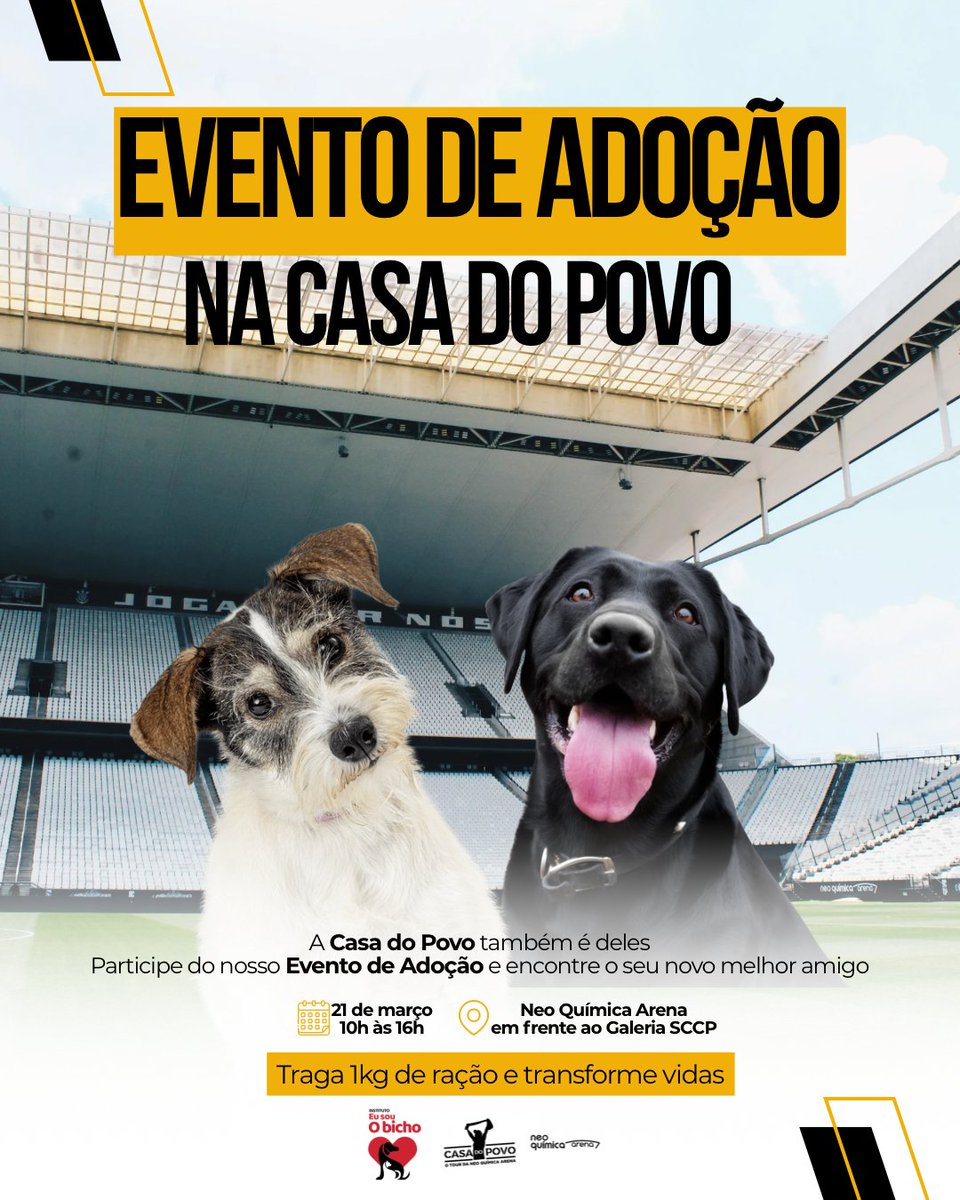 Corinthians's tweet photo. Vem aí um dia especial na Casa do Povo! 🖤 🤍

No dia 21 de março, o Tour Casa do Povo, na Neo Química Arena, se une ao Instituto Eu Sou o Bicho para uma linda feira de adoção!

Uma oportunidade de viver a experiência do tour e, quem sabe, encontrar um novo melhor amigo pra vida toda.

📅 21 de março
⏰ 10h às 16h
📍 Neo Química Arena - em frente ao Galeria SCCP
🐾 Traga 1kg de ração e transforme vidas

Marcar o @‌casadopovotour