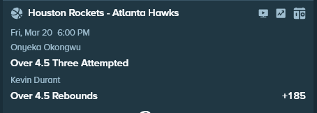 AGGTKEY's tweet photo. Another one I love today !

0.50U Onyeka o4.5 3PTA + KD o4.5REB (+185) 

Also like Onyeka o1.5 3PTMs for 0.50u 

📌Onyeka is over 4.5 ATT in 6/6 vs T10 Spot Up with current lineup 
📌KD is over in 81% with current lineup (#1 in D-REB over L5 on HOU) https://t.co/CTYPIPkZkq