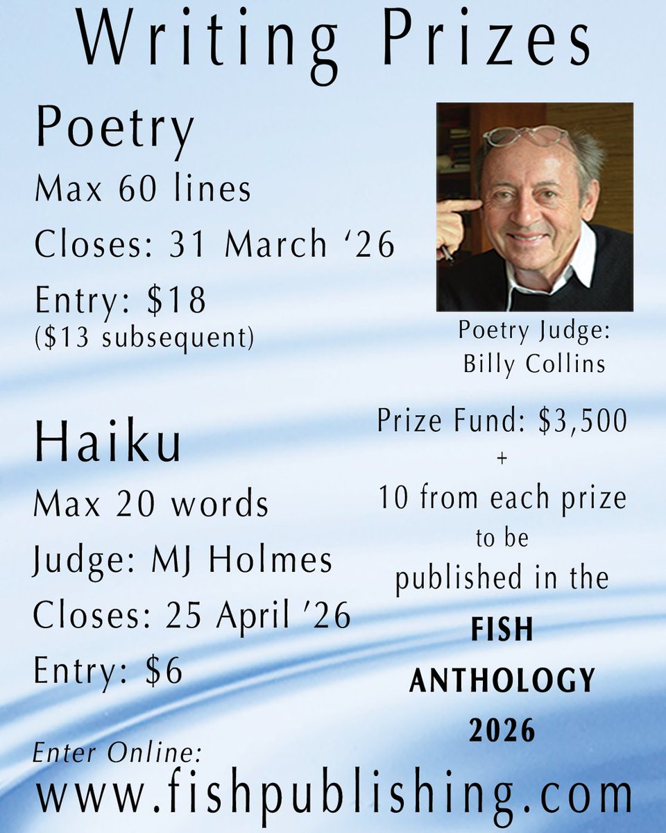 newpages's tweet image. Up to 60 lines to impress judge Billy Collins &amp;amp; land in the Fish Anthology 2026. 🐟 Poetry closes March 31 ($18 fee) · New Haiku Prize closes April 5 ($6 fee).

#Poetry #Haiku #WritingContest @fishpublishing newpages.com/blog/where-to-…