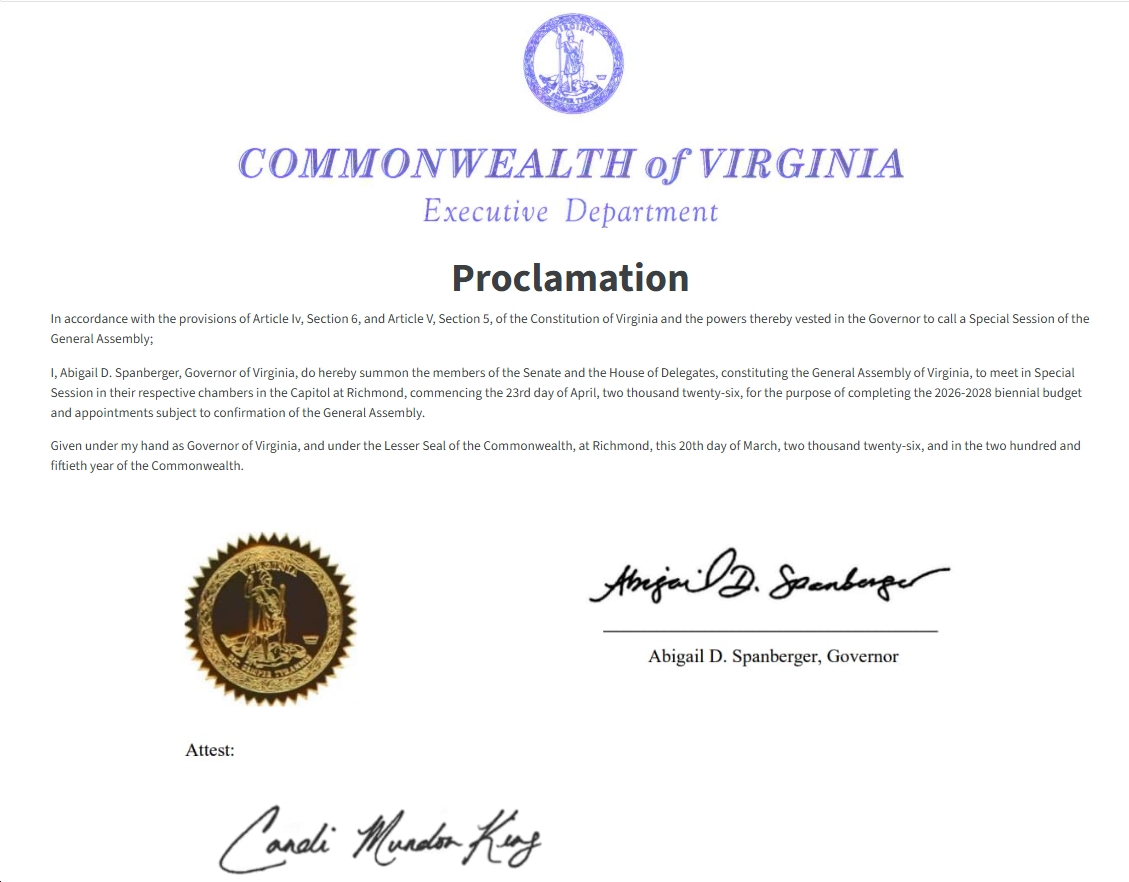 bluevirginia's tweet photo. VA Gov. Abigail Spanberger calls "Special Session...commencing the 23rd day of April...for the purpose of completing the 2026-2028 biennial budget and appointments subject to confirmation of the General Assembly." https://t.co/vSn8ugjjWt https://t.co/I5fAMkI5VK