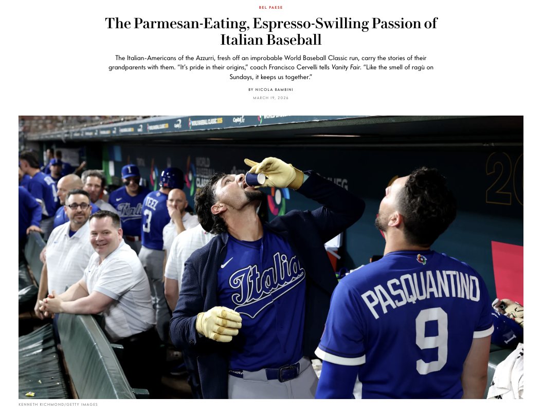 ChrisVaccaro's tweet photo. Italian baseball in @VanityFair shows the class, elegance, and cultural significance of mixing baseball with #Italy.

I can get used to this post-#WBC phenomenon that is Italian baseball ... I am pleased the rest of the world now sees what we have been building for years. 

Read more: https://t.co/9QFcNFlLKq 

Forza. 🇮🇹