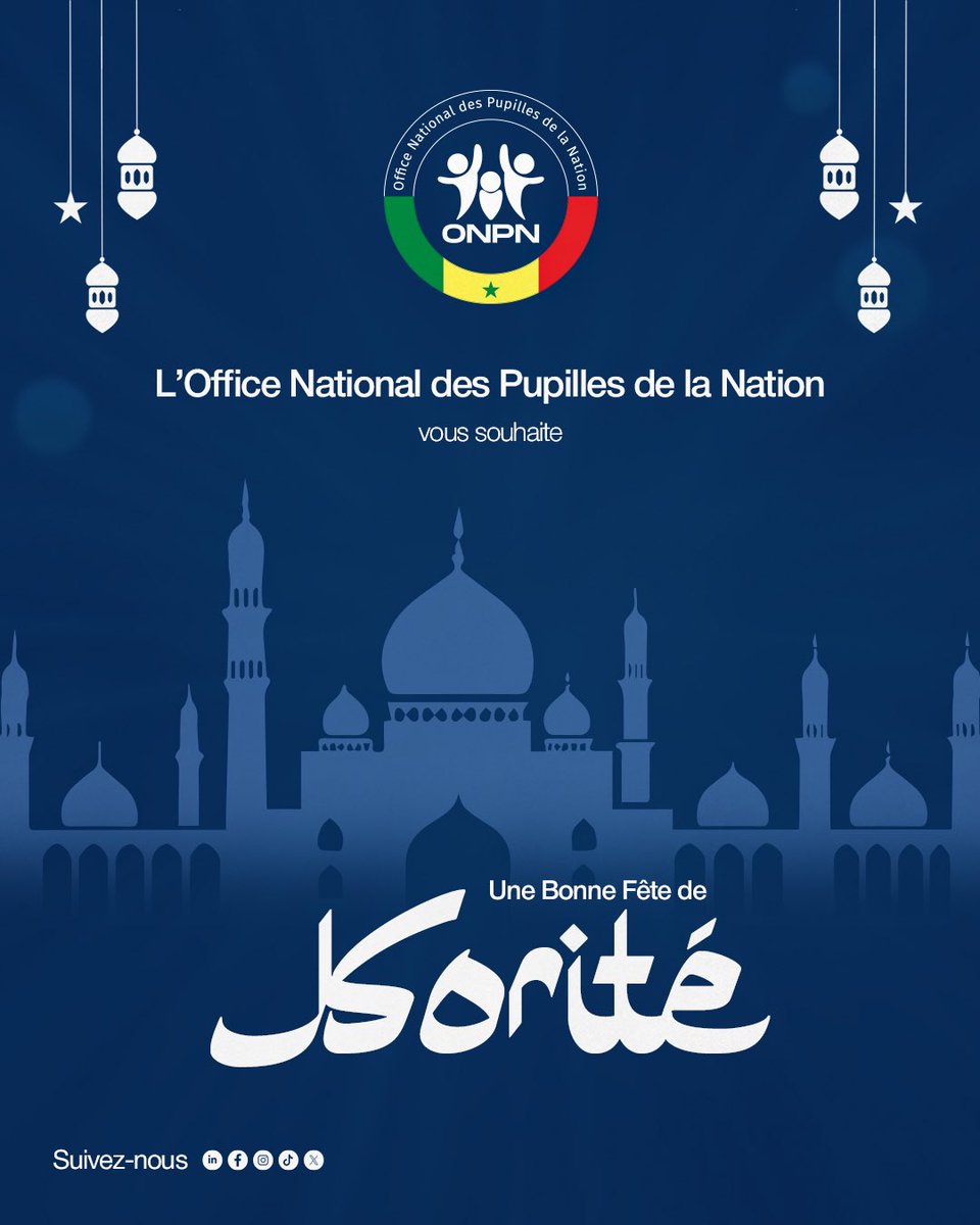 onpn_sn's tweet photo. À l’occasion de la Korité, l’Office National des Pupilles de la Nation vous adresse ses vœux les plus chaleureux de paix, de bonheur et de solidarité. Bonne fête à toutes et à tous !
#Dewenati https://t.co/yoravaNrOi