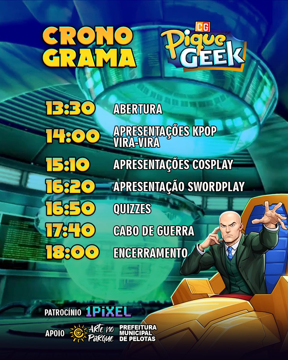 congeek3's tweet photo. Cronograma do PiqueGeek! 🌱

👉 Fica ligado nos horários pra não perder nenhuma atração! O PiqueGeek acontece neste domingo, às 13h30, no Parque da Baronesa! 

#eventogeek #pelotas https://t.co/5tKCxszrcr