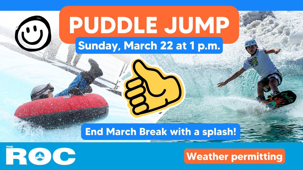 Make a splash at the ROC’s Puddle Jump today, Sun., March 22 at 1pm. This fun &amp; free event wraps up the season &amp; March Break with the thrill of jumping over a puddle on a snow tube, skis or snowboard. Space is limited &amp; weather permitting. Full details: georgina.ca/PuddleJump.