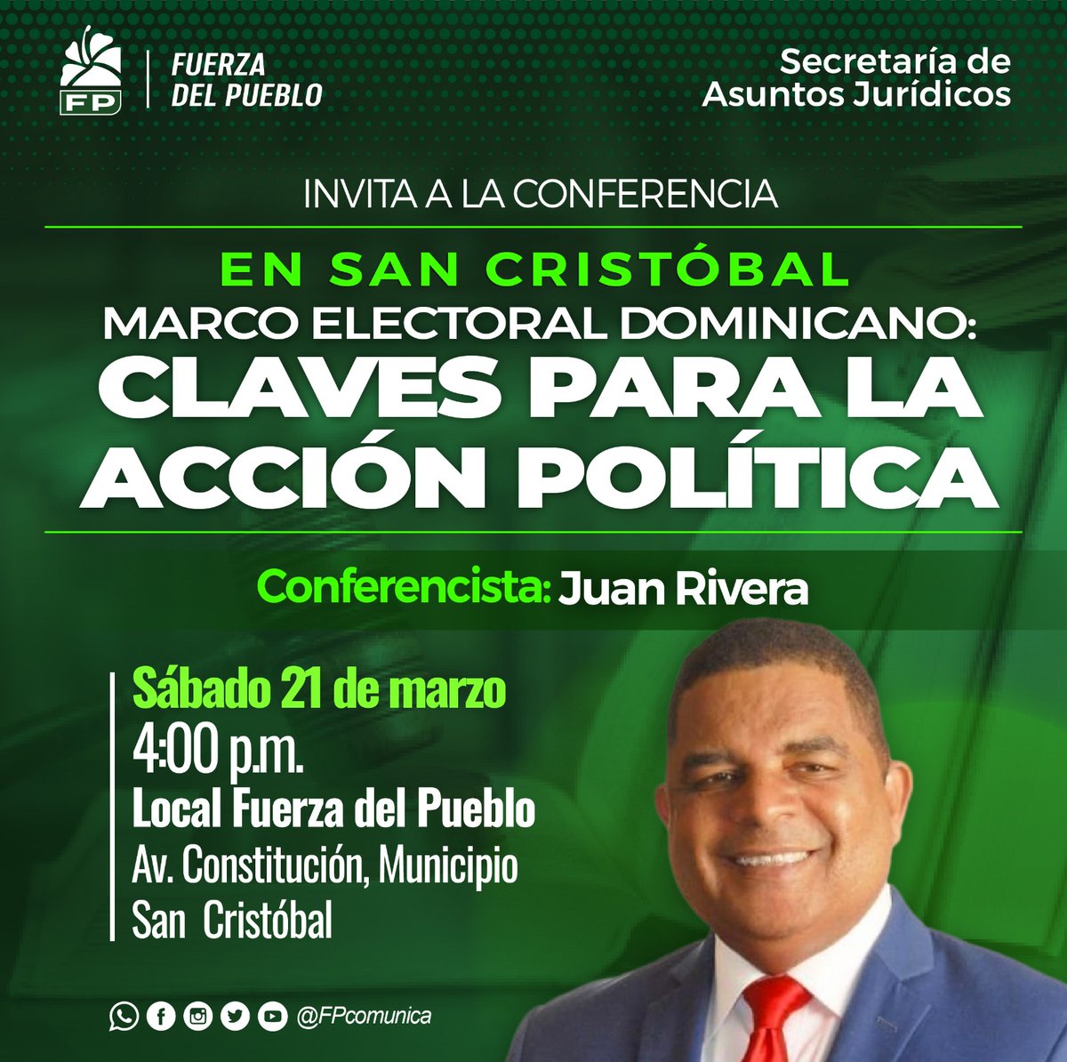 Te invito a que nos acompañes mañana sábado a  las 4:00 a  la cconferencia que impartiremos en la  icónica ciudad de San Cristóbal, organizada por la Dirección Provincial   y la Secretaría de Asuntos Jurídicos de <a href="/fpcomunica/">@Fuerza del Pueblo (FP)</a>. <a href="/RaulMartinezM/">Raúl Martínez</a> <a href="/LeonelFernandez/">Leonel Fernández</a>.