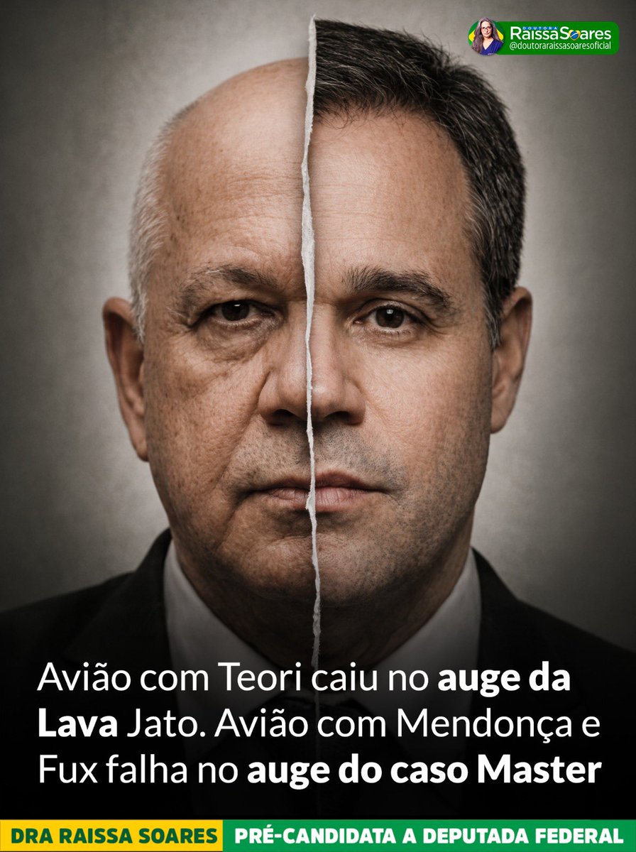 draraissasoares's tweet photo. Em 2017, o ministro Teori Zavascki morr#u em um acidente aéreo justamente quando era o relator da Lava Jato, no momento mais sensível das investigações. Oficialmente, a apuração apontou fatores como condições climáticas e desorientação do piloto, sem indícios de falha mecânica ou crime.

Mas o contexto nunca saiu da memória do brasileiro.

Agora, anos depois, em outro momento delicado, um avião com André Mendonça e Luiz Fux apresenta falha justamente quando o caso Master começa a entrar em uma fase que pode atingir nomes poderosos.

Que fique claro: NÃO estou afirmando sabotagem. Isso exige responsabilidade. Mas também não é possível ignorar o cenário.

Sempre que uma investigação começa a avançar sobre estruturas de poder, algo foge do padrão, rompe a normalidade e acende um alerta inevitável na percepção da sociedade.

E isso não nasce do acaso. Nasce de um histórico acumulado de desconfiança, de episódios mal explicados, de verdades incompletas e de uma relação cada vez mais fragilizada entre o cidadão e as instituições.

Que esse fato seja apenas uma coincidência. Deus abençoe a nossa nação e proteja os homens e mulheres de bem.