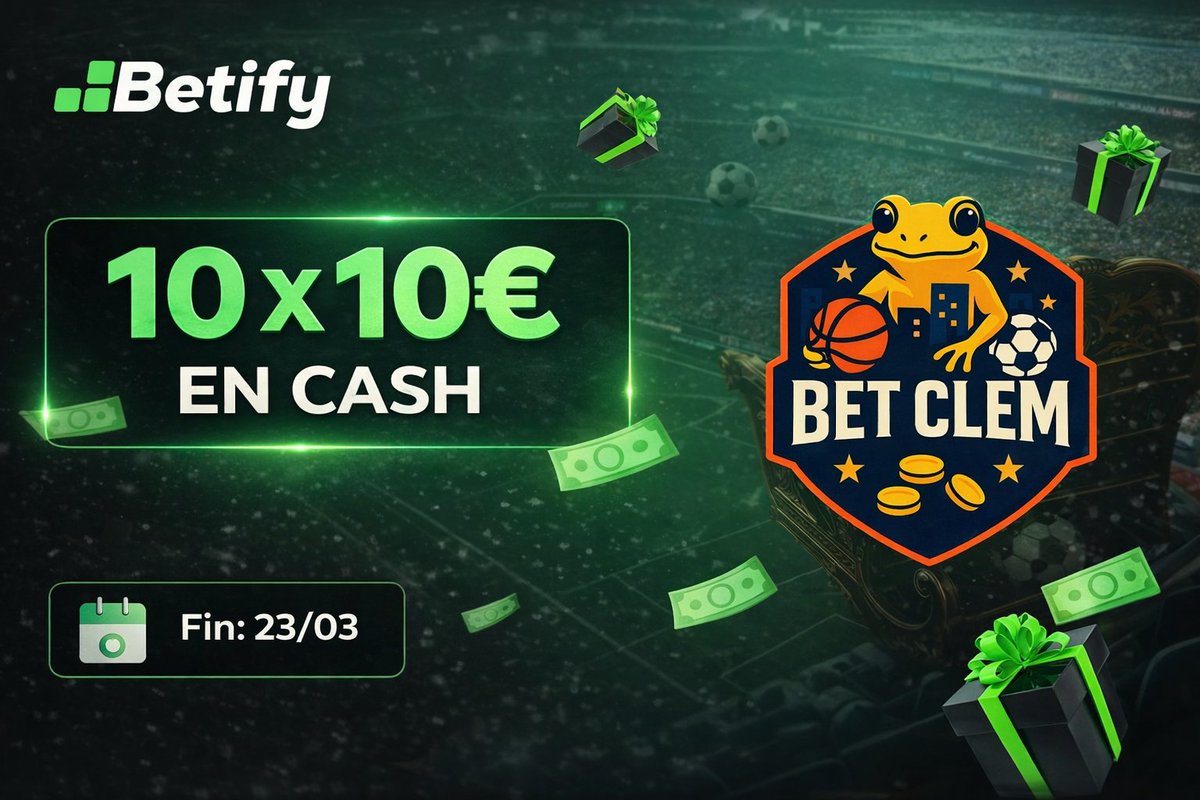 🎁 JEU CONCOURS 🎁 AVEC BETIFY 🟢 ON VOUS OFFRE 100€ 💸 EN CASH!

🎁 10 X 10€ À REMPORTER !

Pour participer 👇
• RT ♻️ ET LIKE ❤️
• Follow <a href="/BetClem_/">Bet_Clem 🐸</a> &amp; <a href="/Betify/">Betify Official</a>
• Être affilié 
• Commente ton pseudo 💬

Pas inscrit? Rendez-vous ici 👇
bit.ly/BETCLEM_BETIFY
TAS  23/03 🗓️
