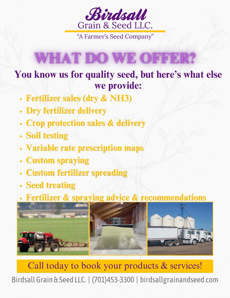 BirdsallSeed's tweet photo. It’s the first day of spring! With that comes the excitement of farming.🌱  

At Birdsall Grain & Seed, we are committed to bringing the 𝙫𝙚𝙧𝙮 𝙗𝙚𝙨𝙩 products and services to your operation. 

With the addition of our new fertilizer facility and soil testing/VRT mapping services in the last year, we are ready to serve your farm at a whole new level. 

📱Give us a call at (701)453-3300 to book products, services, and talk all things farming for 2026!
#AFarmersSeedCompany