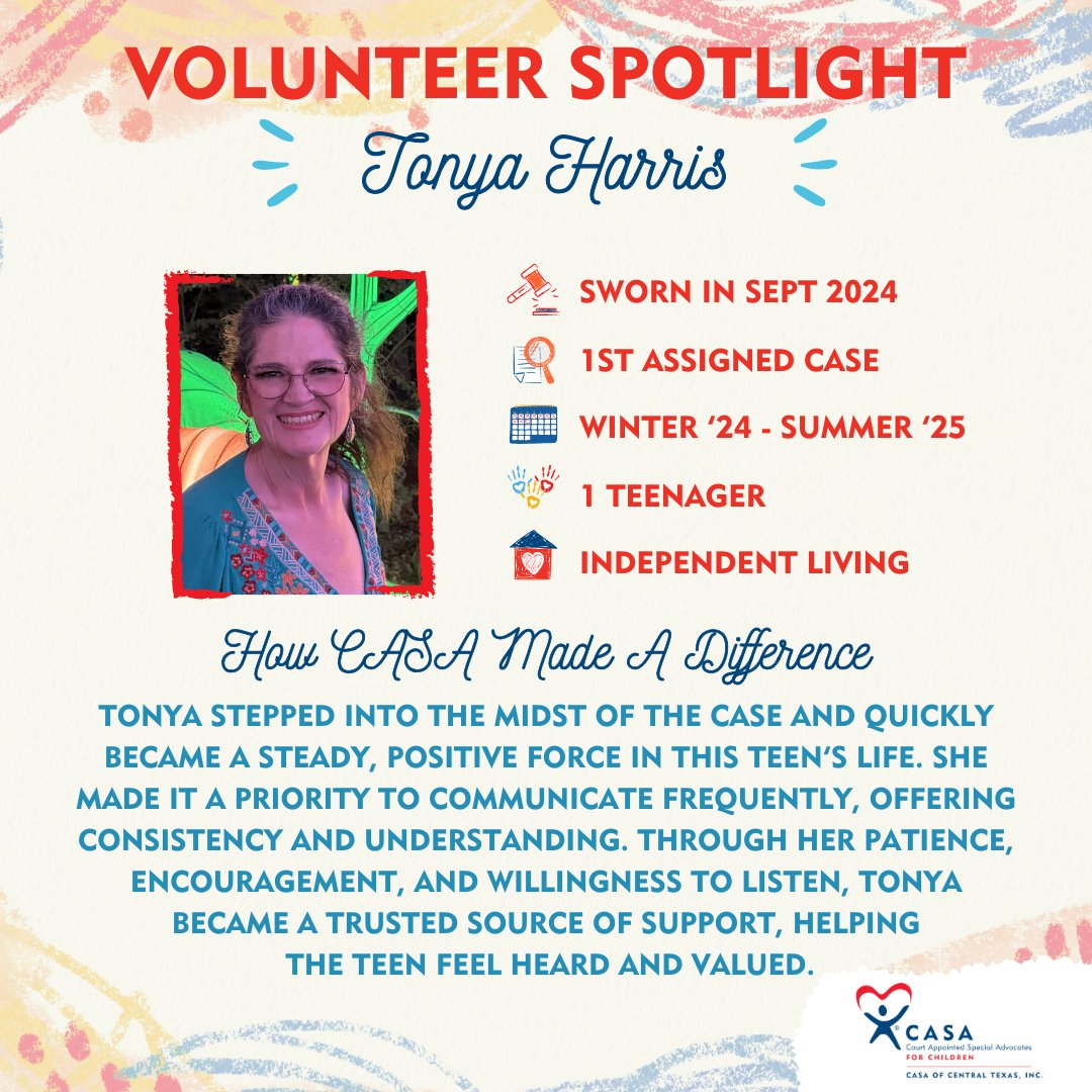 CASACenTex's tweet image. Shining a light on one of our incredible CASA volunteers! 💫 Thanks for being #TheCASADifference, Tonya! Tonya built a consistent and steady relationship with the teen, helping them feel heard and valued throughout the case.

#BecomeACASA or donate today! zurl.co/FwejH