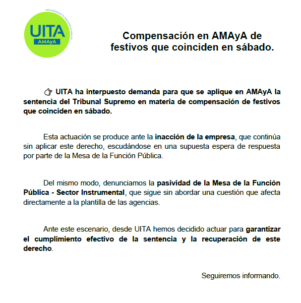 amaya_uita's tweet photo. UITA interpone demanda para que se aplique en @AndaluciaAMAyA la
sentencia del Tribunal Supremo en materia de compensación de festivos
que coinciden en sábado. https://t.co/0ZlskxLMac