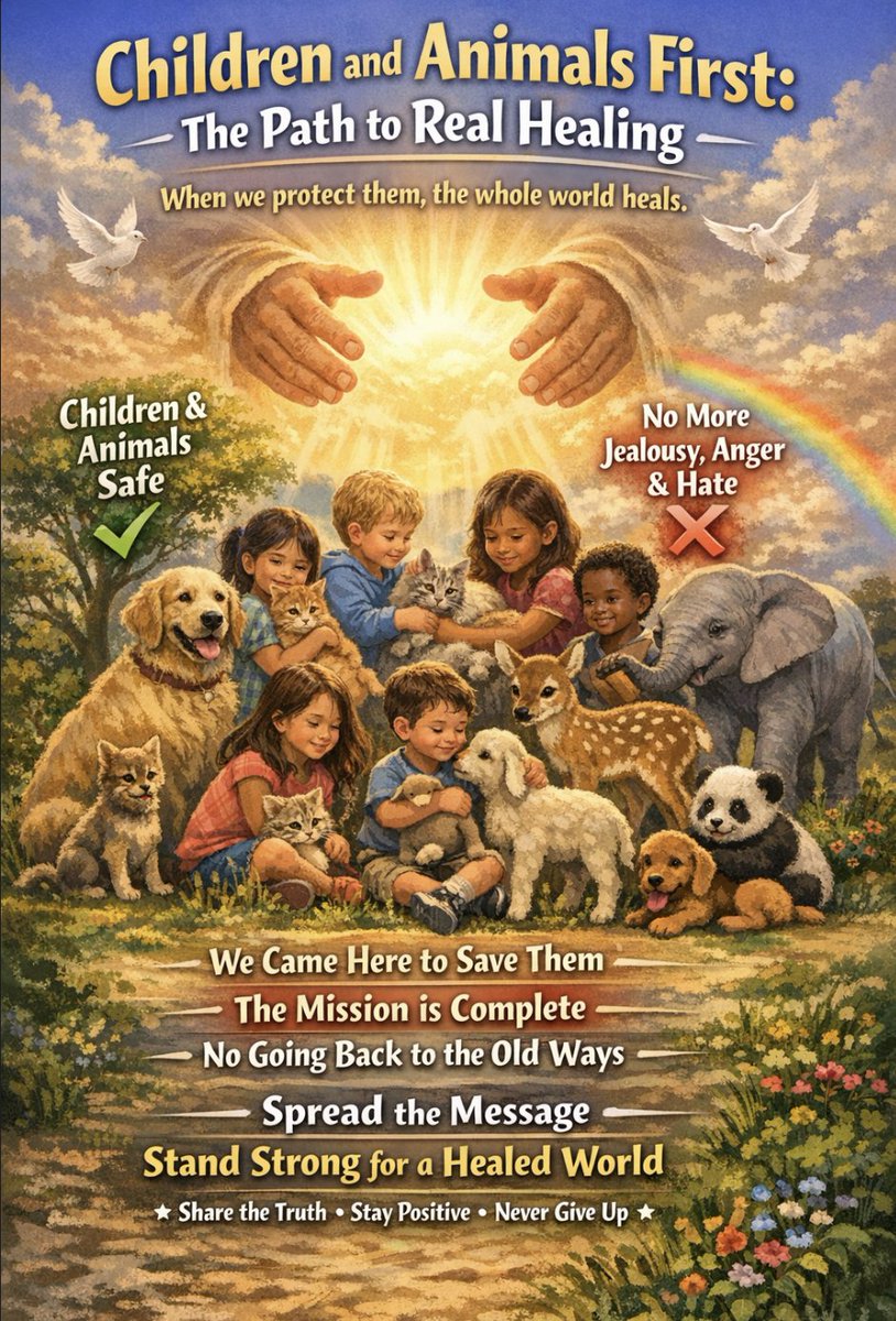 Shannon45531518's tweet photo. Children and Animals First: The Path to
Real Healing
Children and animals must always come first. Jealousy, anger, and hate come last. When we
follow this simple rule, true healing begins for the whole world.
Keeping the Most Important Ones Safe
All children and animals need to stay safe. This is the top priority right now. Once they are
protected, almost everything else in the world can get fixed. The only big problem left is the
messed-up way many people think. Too much jealousy, anger, and hate still fills their minds.
This means we put children and animals first and leave the negative feelings behind. This is
how real change happens.
What We Came Here to Do
We came with a clear purpose. We came to save the children and animals. We came to fix
what was broken and make things right. But we did not come to do all that work just to hand
the world straight back to people with old ways of thinking.
We will not return everything to the same negative minds. That was never the plan.
The Job Is Already Finished
The work is complete. Animals are safe. Children are safe. Everything important is safe now.
We will not give this world back to people stuck in a 3D mindset. These are the minds full of
fear, control, and old negativity. There is no going back to that.
Time to Share and Stand Strong
Spread this message everywhere. Share it like wildfire on Facebook and all over the internet.
Be ready for any pushback from jealous or negative people. Stand tall and speak the truth even
louder against them. By putting children and animals first and letting go of jealousy, anger, and hate, we build a
healed world that stays that way for