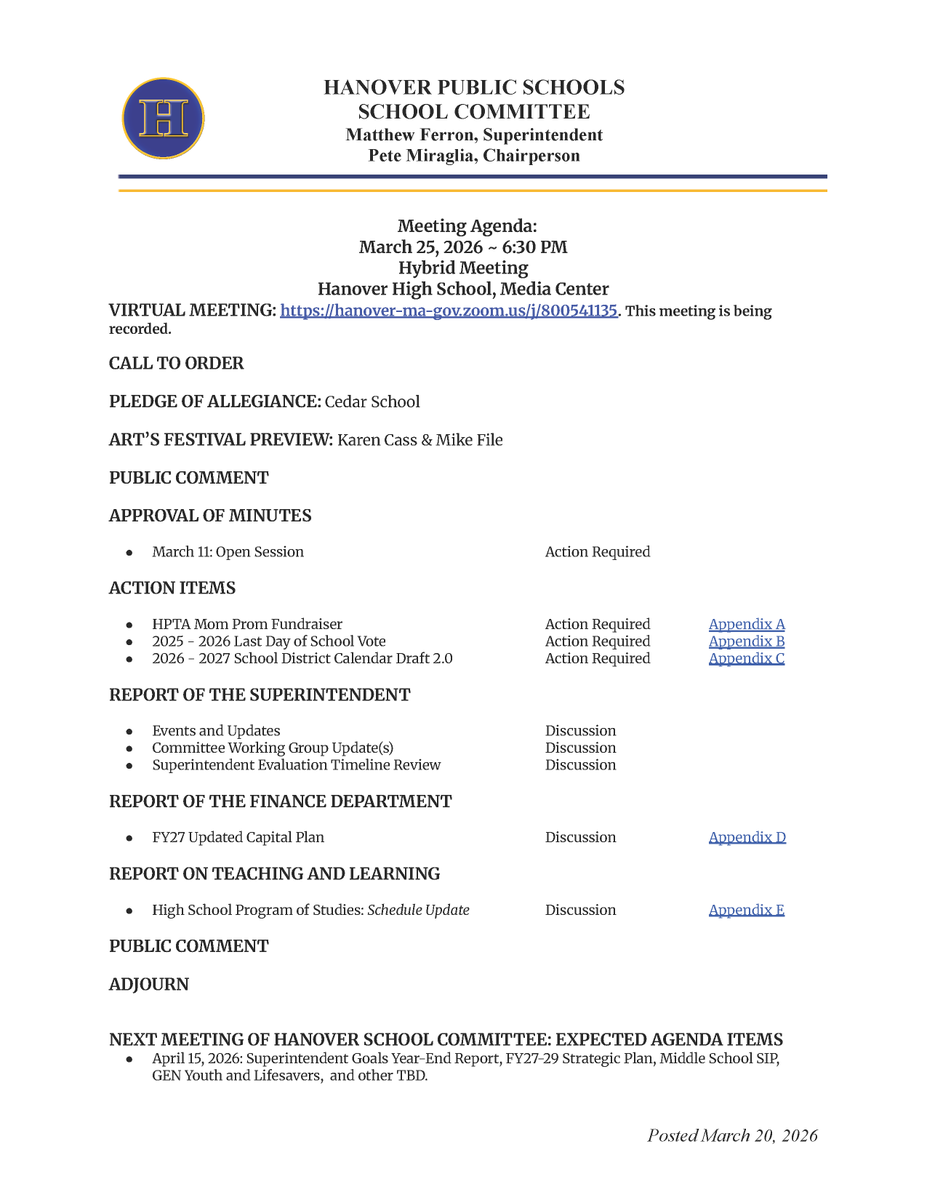 hpsma's tweet photo. The School Committee agenda for the March 25, 2026, hybrid meeting at 6:30 pm is now available. Go to https://t.co/RCu5d4lAyr to view all public meeting documents and participation instructions. https://t.co/80fs6Jts3M