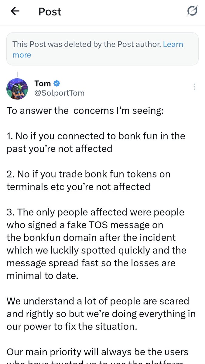 Dogtor_A1's tweet photo. The @bonkfun team and @SolportTom have blamed @Dynadot for the domain hack, claiming their employee was compromised via social engineering. At the same time, they’ve started quietly deleting their own posts where they wrote that it was a BF team member who was compromised - not Dynadot.

But thanks to @SolportTom usual level of competence, we see everything in real time as always. Deleted posts have been saved on archiving services and we parsed them in advance. You’re welcome, Tom 🫡

So here’s what Tom originally wrote on March 12 (now deleted):

“Do not use the https://t.co/TfGZbdnyVb domain until further notice, hackers have hijacked a team account forcing a drainer on the DOMAIN”

And here’s what the official post-mortem says a week later:

“This incident was not the result of any compromise of BONK or BONKfun internal systems, codebase, or team accounts”

Delete your tweets all you want, Tom - the internet remembers everything.

For @Dynadot , being publicly blamed for a security breach is enormous reputational damage. The kind of thing a company would address publicly. We have sent an official inquiry to @Dynadot asking them to confirm or deny BonkFun’s claims.

We are waiting for a response.

So which is it, Tom? Was it your team account that was hijacked - as you said yourself? Or is it all @Dynadot fault - as your post-mortem now claims?

One of these statements is a lie. And deleting the first one doesn’t make it disappear.
