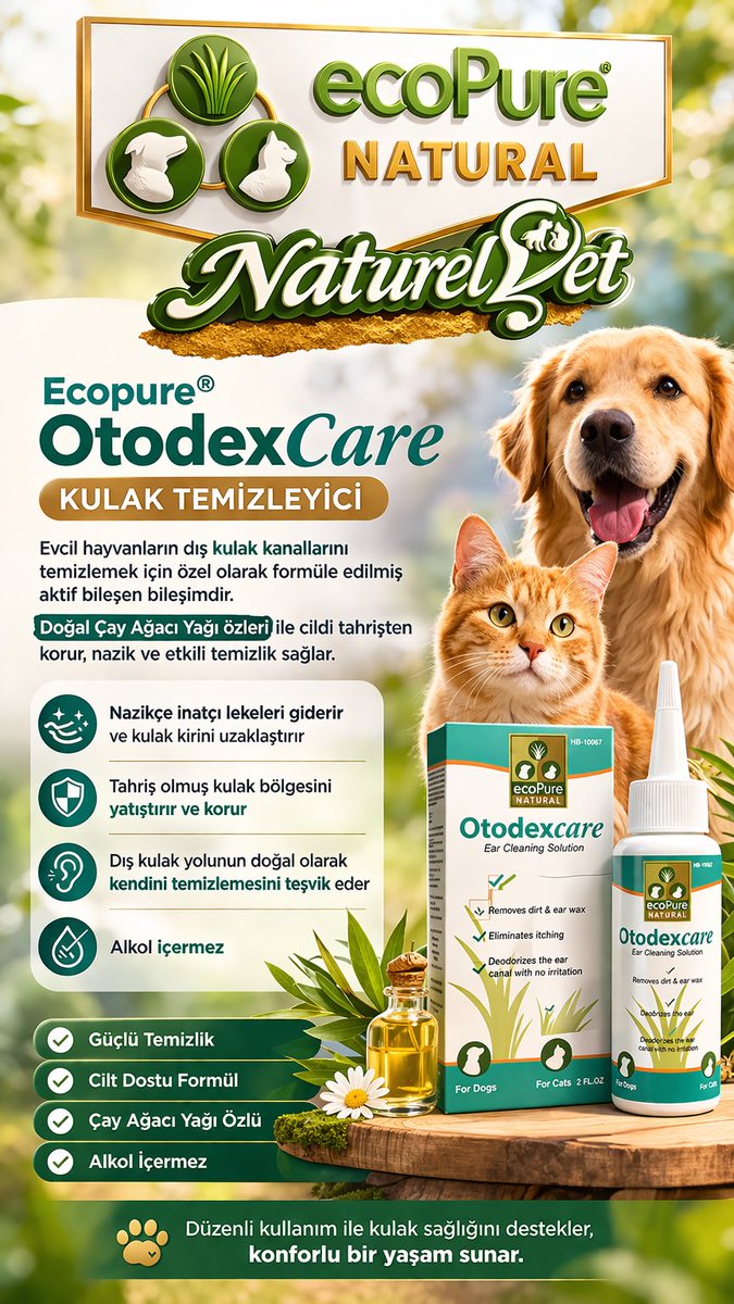 NaturelVet's tweet photo. 🐾 Kulak sağlığı ihmal edilmemeli!

Ecopure® OtodexCare Kulak Temizleyici;
✔ Kulak kirini nazikçe temizler
✔ Kaşıntı ve tahrişi azaltmaya yardımcı olur
✔ Doğal çay ağacı yağı içerir, alkol içermez

🐶🐱 Dostunuzun konforu için düzenli bakım şart!

#Kedi #Köpek #PetSağlığı https://t.co/7P8O7fYqba