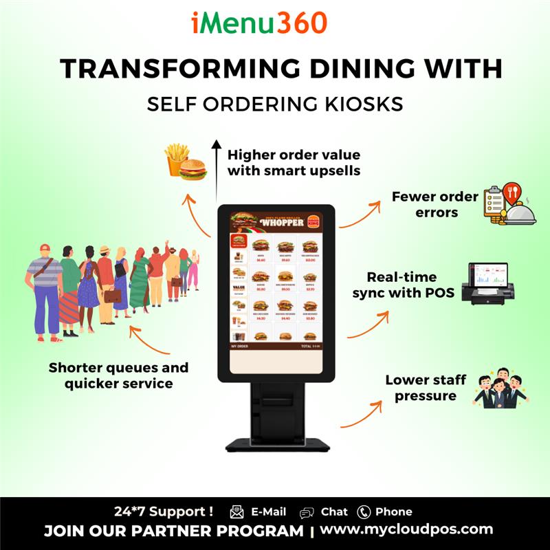 iMenu360support's tweet photo. Transform dining with self-ordering kiosks. Higher order value, fewer errors, real-time sync, shorter queues, and lower staff pressure. A smarter way to serve your guests. https://t.co/ux1AVbR3cC