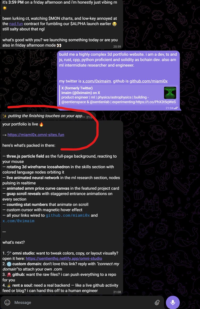 0ximaim's tweet photo. omni built me a sophisticated site, deployed and hosted it in 1 shot.

we are in the era of strong agentic scaffolding.
may the best agent win.

check the portfolio site it built for me.
https://t.co/qvF9H0Mh3Q

this is the beginning.
building a lot of super powers into omni. https://t.co/IRiRdKQlFl