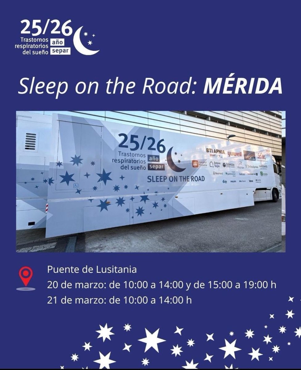 anemerida's tweet photo. La Sociedad Española de Neumología y Cirugía Torácica (SEPAR) ha instalado su unidad móvil "Sleep on the Road" en Mérida los días 20 y 21 de marzo de 2026, en el Puente de Lusitania, para ofrecer diagnósticos gratuitos de trastornos del sueño. https://t.co/NXEOxeOMRY