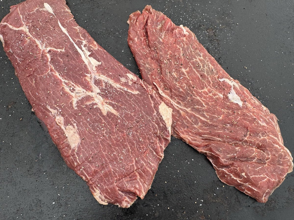 Sizzled up a couple of flat-iron steaks for supper. Good marbling, thin, very tender, about 1# each. Would also do well sliced for fajitas. Currently Kim’s favorite cut! $12.50/#