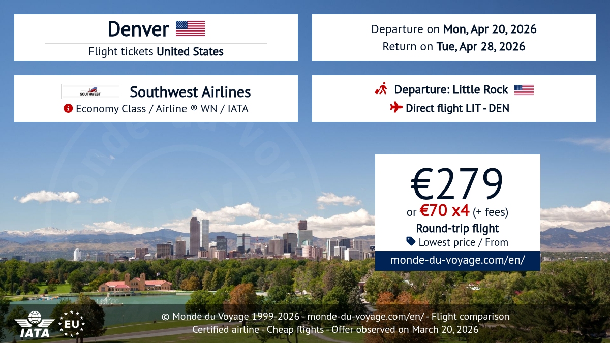 Monde_du_Voyage's tweet image. Cheap round-trip ✈️ Little Rock → Denver with Southwest Airlines (WN), non‑stop, only 279€ 😮 Payment in 3X or 4X available 💳 #flightdeal #cheapflight #discount #Denver #Southwest #promo #lowcost #traveldeal #USA #2026 monde-du-voyage.com/en/united-stat…