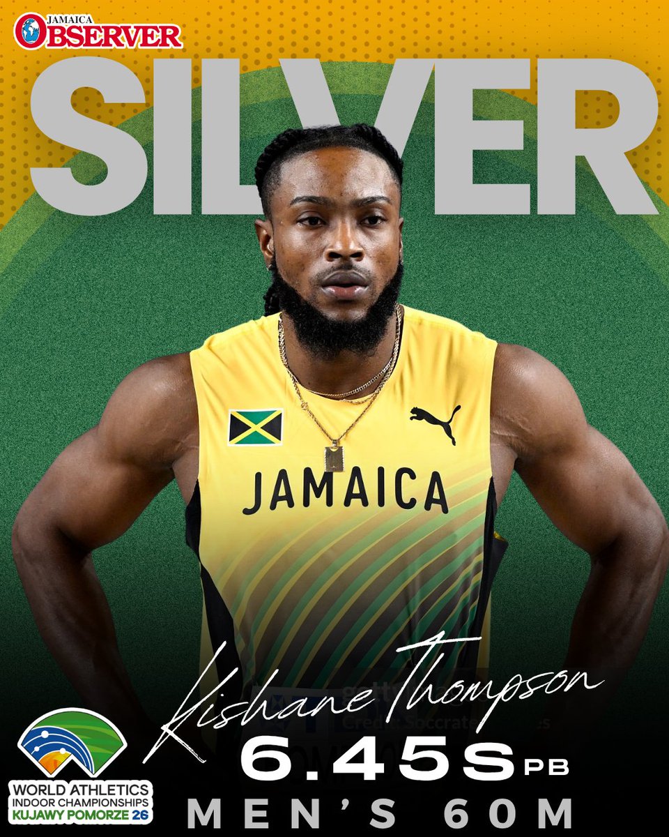 Jamaica strikes silver 🇯🇲🔥

Kishane Thompson clocks 6.45 to secure 🥈 in a blazing men’s 60m final at the World Indoor Championships 👏

Jordan Anthony 🇺🇸 takes gold in a world-leading 6.41 (PB), while Trayvon Bromell 🇺🇸 also runs 6.45 for bronze, just ahead of defending