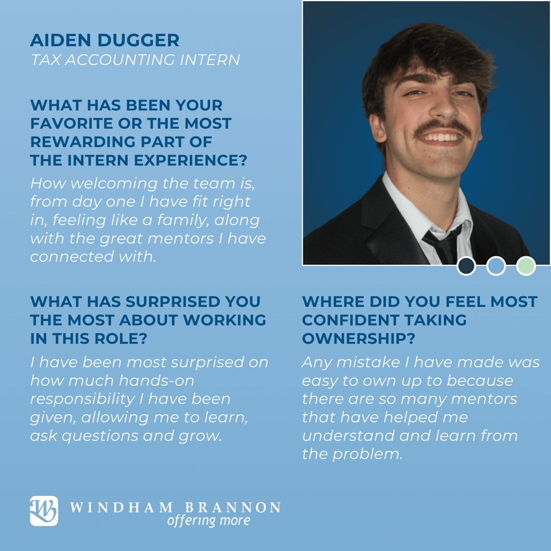 WindhamBrannon's tweet photo. Meet our Spring Tax Intern, Aiden Dugger, whose hard work is making a real impact.

Aiden studies Accounting at the University of Tennessee at Chattanooga as a Junior. Help us celebrate his contributions!

#InternSpotlight #SpringInterns https://t.co/1TKLtH2m9Y