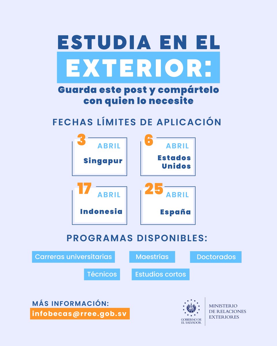 Te presentamos las oportunidades de estudio en el extranjero. 🎓✈️

📍 Singapur: scp.gov.sg/starthome/cour…
📍 Estados Unidos: oas.org/es/becas/Progr…
📍 Indonesia: tias.edu
📍 España: cedeu.es/becas-universi…

Para más información, escribe a:
📩 infobecas@rree.gob.sv