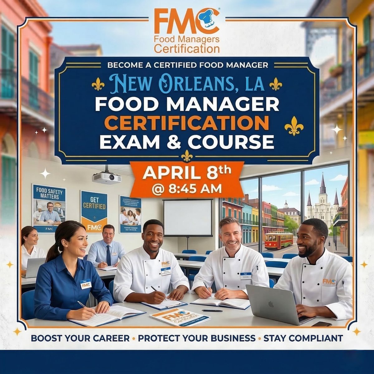 HRBUniversal's tweet image. Ready to lead? Get your New Orleans, LA FMC® Food Managers Certification! 🛡️

Join HRBUniversal for an intensive 4-hour review &amp;amp; proctored exam.

🔗 Register now: zurl.co/MhQMf

#FoodSafety #RestaurantManagement #CFPM #HRBUniversal #ChefLife