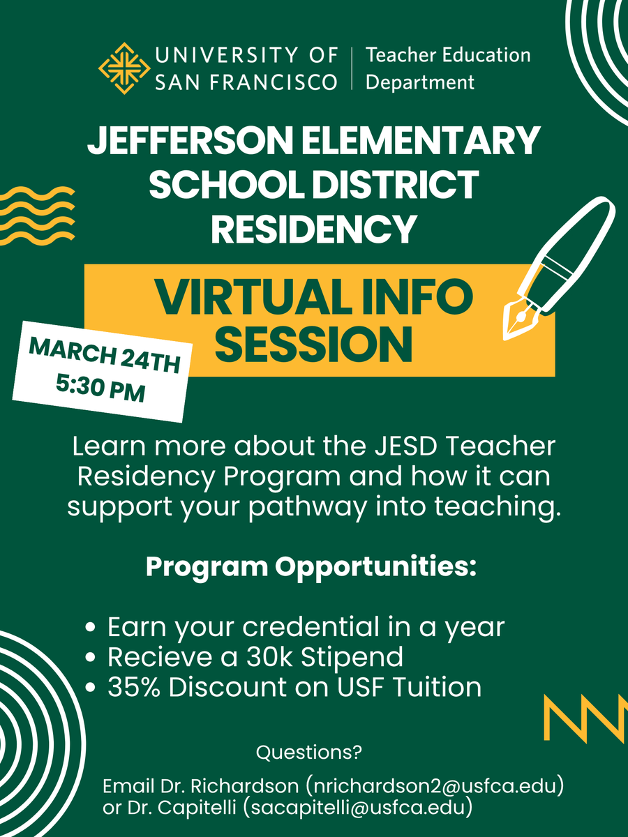 USFCA_SOE's tweet photo. 🍏Thinking about becoming a teacher? 

Join us for a Virtual Info Session to learn more about the Jefferson Elementary School District (JESD) Teacher Residency Program and how it can support your pathway into teaching.

🗓️March 24 | 5:30 PM
💻 Virtual
RSVP https://t.co/XtiZImYonz https://t.co/khAS6aIzY7