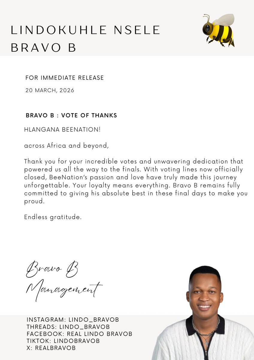 BeeNation! We are out of words! Siyabonga ngothando olungaka👏👏👏 🐝❤️Uthando lunye❤️

BRAVO B FOR 2 MILLION
PRAY FOR BRAVO B

#LindokuhleNsele 
#BravoB 
#BBMzansiS6
#Bazozwa