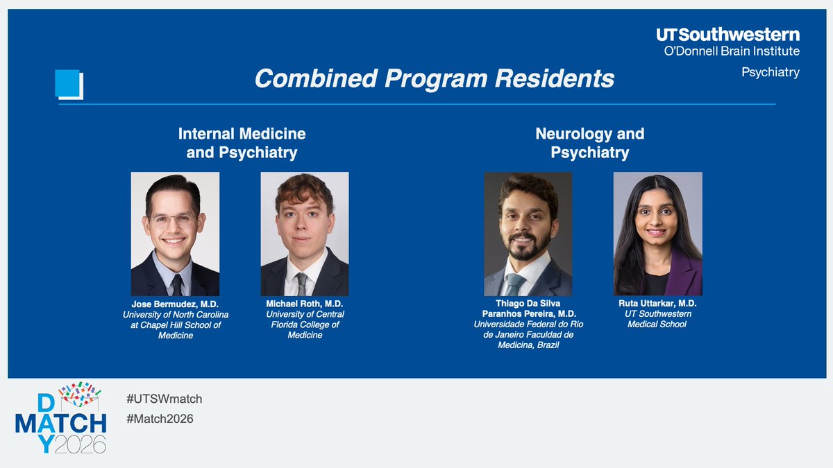 UTSW_Psychiatry's tweet photo. It's Match Day! Congratulations to all of our newest Psychiatry residents! Welcome (or welcome back in the case of our returning UTSW medical students) to UT Southwestern!
#UTSWmatch #Match2026 https://t.co/N2jgCfO5Bb
