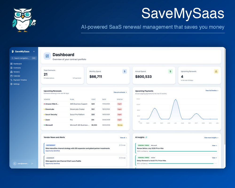 SaveMySaas's tweet photo. The SaveMySaaS dashboard:

Spending analysis — by contract, by team, by period.
Payment timeline — every dollar, every month, visible in one place. 
AI flags — overlap, waste, and vendor pricing you could renegotiate. 
Vendor news — market changes mapped to your actual stack. https://t.co/bqjSVD7jRZ