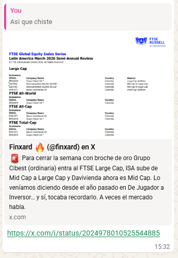 JuanPabloY2K's tweet photo. Denuncia Publica

El señor @finxard me regaña por interno, me dice bruto y también me pego dos patadas ya en el piso.

Me recuerda amablemente que  el FTSE ingresaba a CibOrd a su LargeCap, tons ahí están los COP 800.000 millones excedentes, Jajajajajajajajajajajaj https://t.co/mWiyz1U40Z