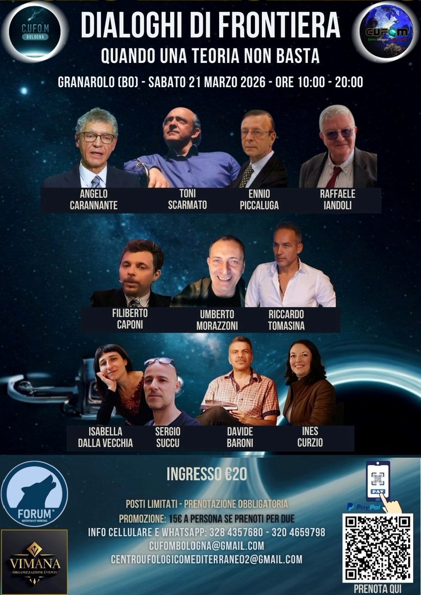 InfoCufom's tweet photo. PUOI VENIRE DIRETTAMENTE ALL’INGRESSO SENZA PRENOTAZIONE ORE 10,00. ANCORA POSTI DISPONIBILI. INFO 3204659698. Convegno di Granarolo, sabato 21 marzo 2026, intera giornata. Dialoghi di Frontier. Se vuoi, Prenotati qui https://t.co/tLoJk9Z3DS : -  https://t.co/qjnLmCAyut https://t.co/xDlxd0RfcG