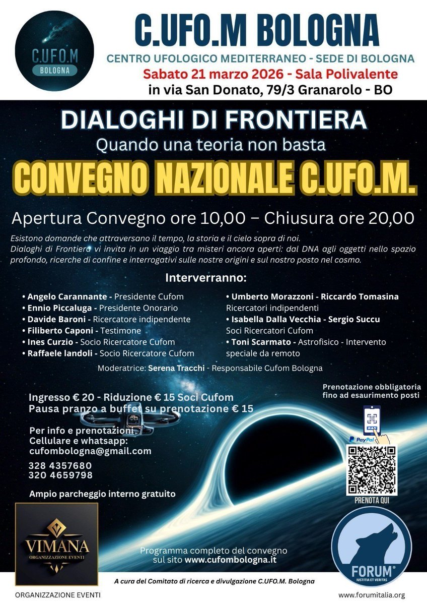 InfoCufom's tweet photo. PUOI VENIRE DIRETTAMENTE ALL’INGRESSO SENZA PRENOTAZIONE ORE 10,00. ANCORA POSTI DISPONIBILI. INFO 3204659698. Convegno di Granarolo, sabato 21 marzo 2026, intera giornata. Dialoghi di Frontier. Se vuoi, Prenotati qui https://t.co/tLoJk9Z3DS : -  https://t.co/qjnLmCAyut https://t.co/xDlxd0RfcG