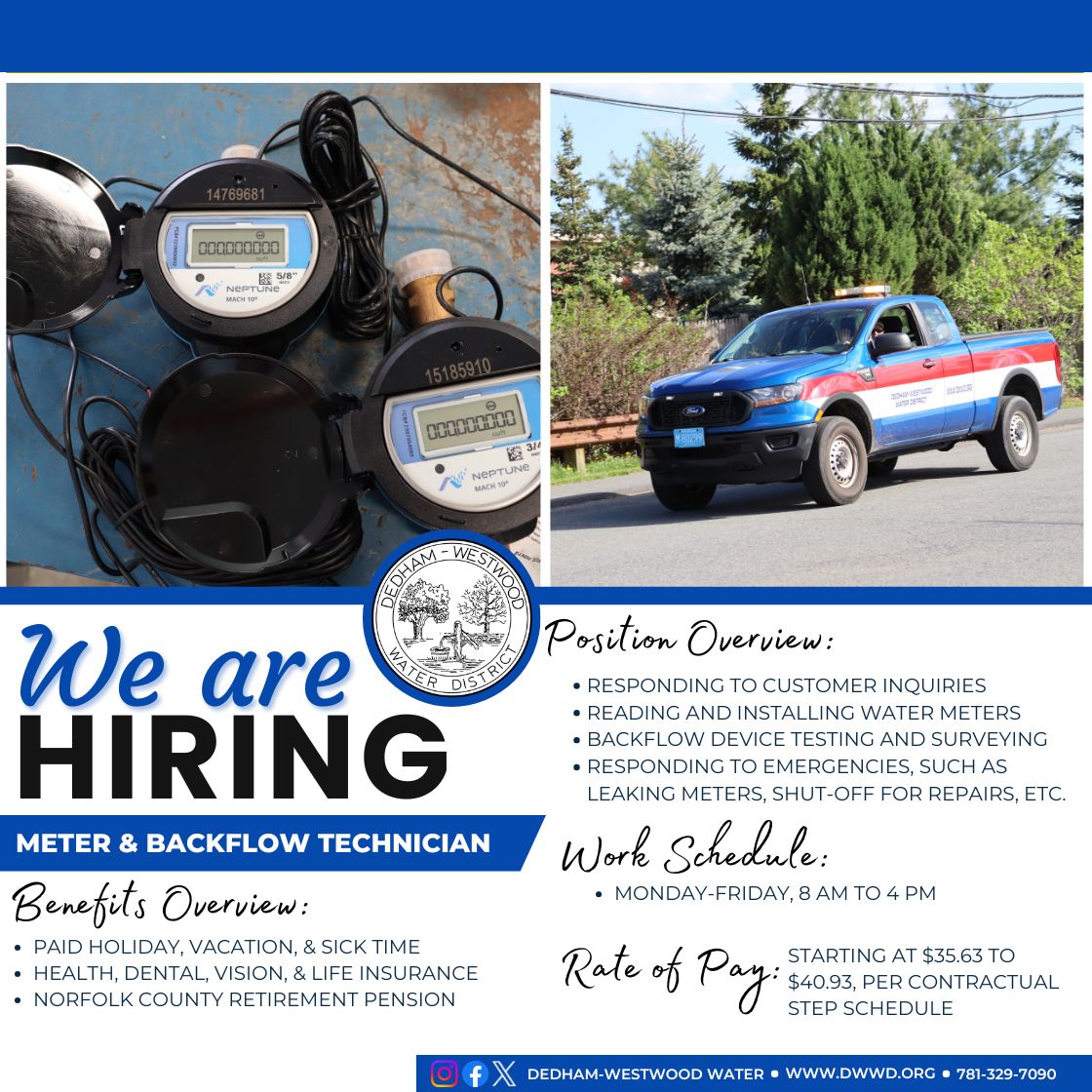 We're hiring! The Dedham-Westwood Water District is seeking a Meter and Backflow Technician to join our team! 💧🔧🚰

Excellent benefits, including health insurance, paid time off, and more!

Full job description and to apply ➡️h2o.dwwd.org/apply