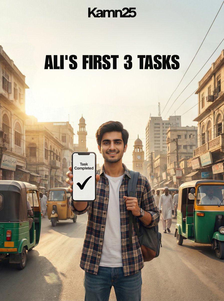25kamn's tweet photo. How Ali Earned His First 3 Tasks on Kamn25 App?

He walked past a government office twice a week.

→ Opened the Kamn25 app.
→ Someone needed a token.
→ PKR 400 minutes.

3 tasks later: PKR 1,350.
0 classes missed.

I broke this down in detail here → https://t.co/F7qEnsGK95 https://t.co/yGbltF1WfQ