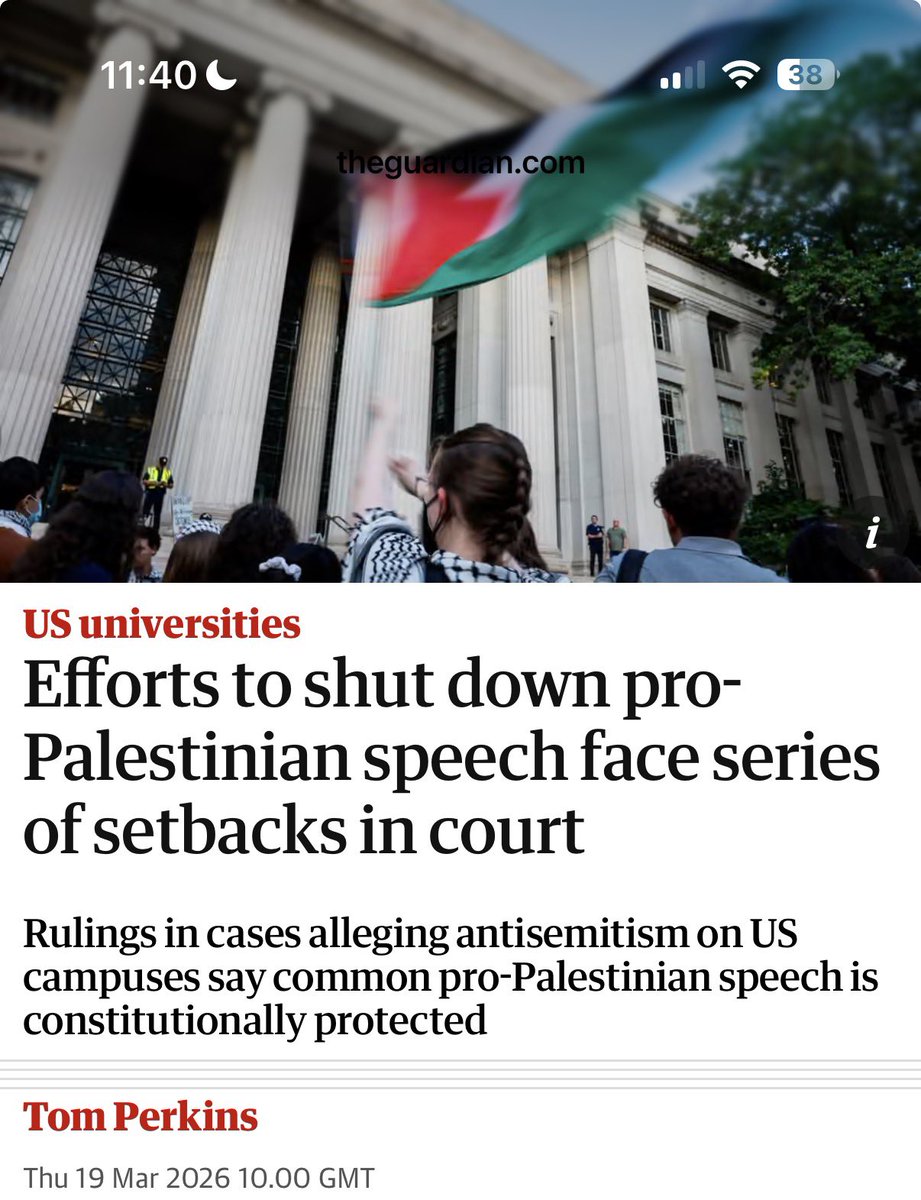 US courts keep ruling that pro Palestinian speech, even controversial slogans, is protected under the 1st Amendment. Attempts to label it as antisemitism on campuses are repeatedly failing. Free speech wins 🔥