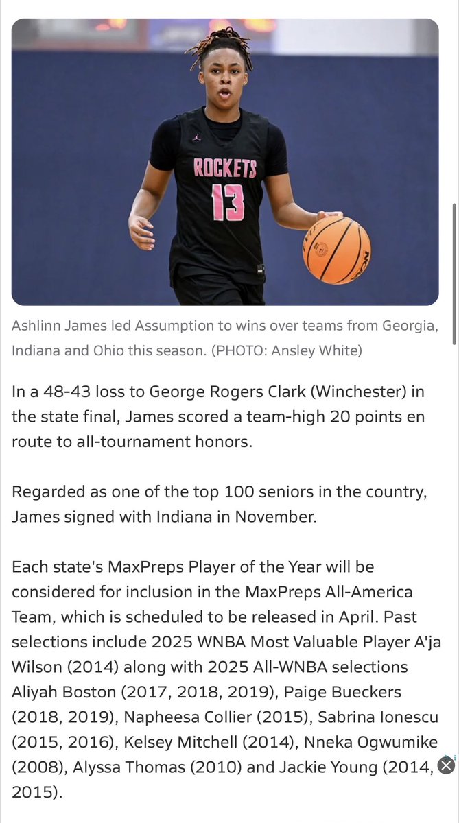 alyxwhite_'s tweet photo. 🔹𝗞𝗘𝗡𝗧𝗨𝗖𝗞𝗬 𝗛𝗦 𝗚𝗜𝗥𝗟𝗦 𝗕𝗔𝗦𝗞𝗘𝗧𝗕𝗔𝗟𝗟🔹

Big congrats to Assumption’s Ashlinn James for being named 2026 MaxPreps Kentucky HS GBB Player of the Year🏆🏀 @Ash_Hoops3 @RocketSportsAHS @Coach__C_ 

The @IndianaWBB commit averaged 14.9 PPG & 4.5 RPG this season while leading the Rockets to the state championship game